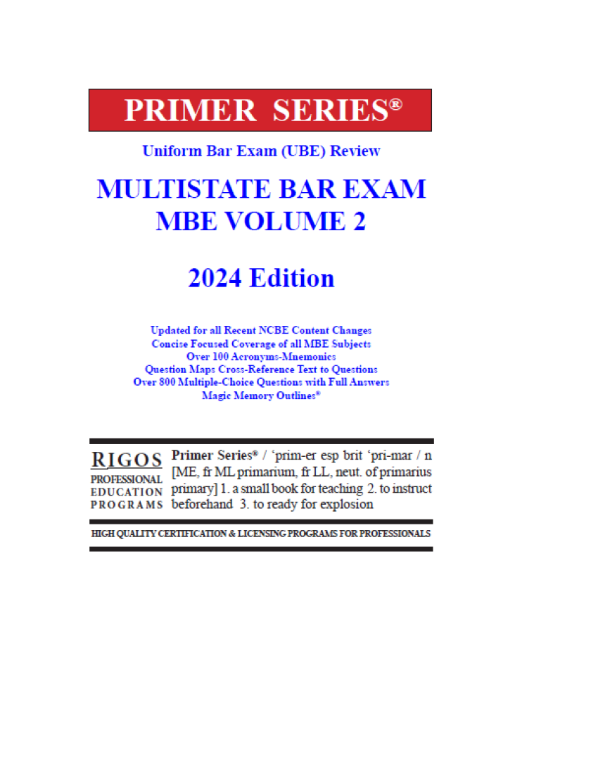 Rigos Primer Series Uniform Bar Exam (UBE) Review Multistate Bar Exam MBE Volume 2 (2024 Edition)
