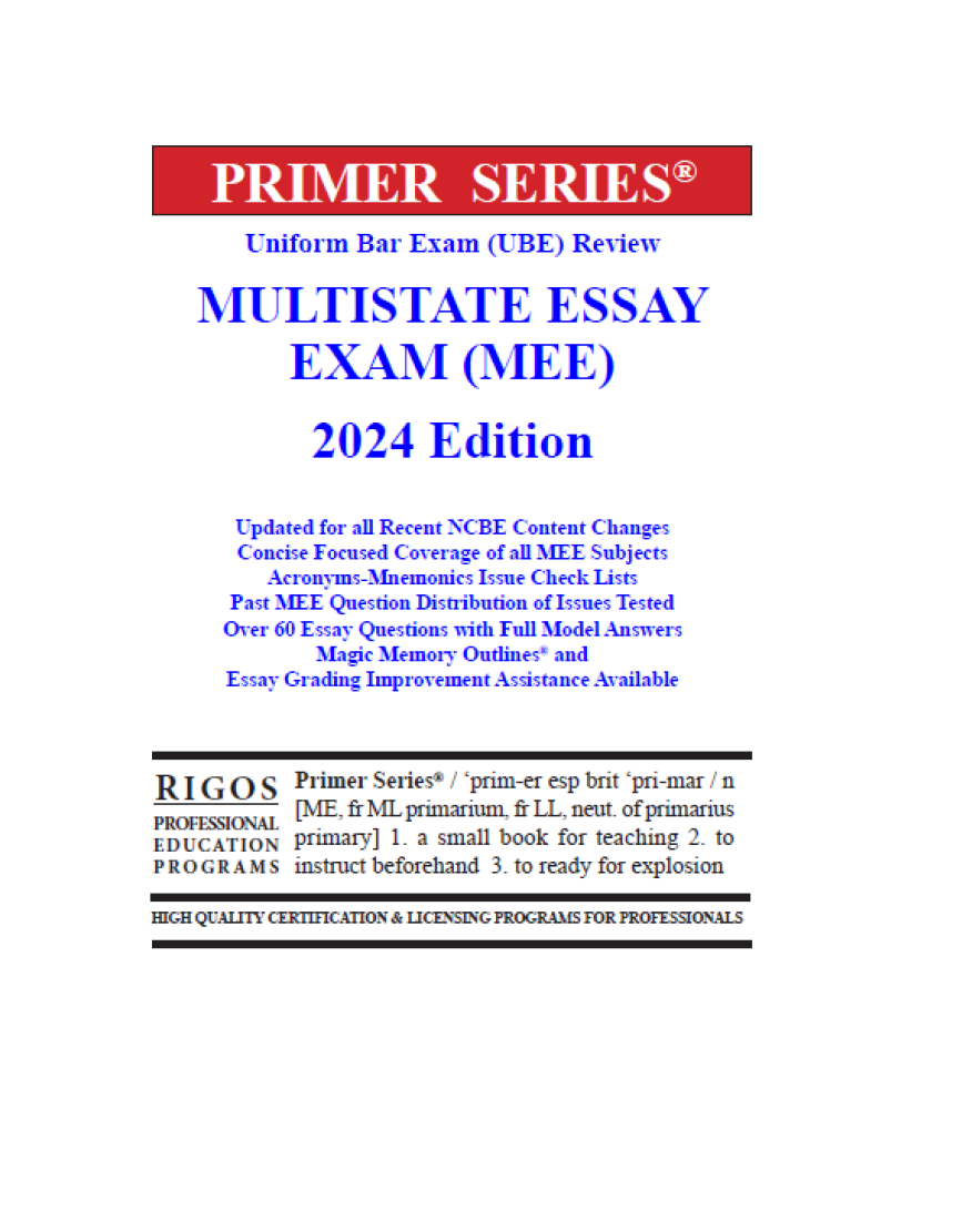 Rigos Primer Series Uniform Bar Exam (UBE) Review Multistate Essay Exam (MEE) 2024 Edition