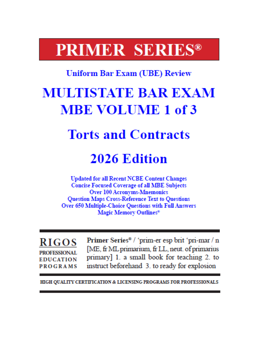 Rigos Primer Series Uniform Bar Exam (UBE) Review Multistate Bar Exam MBE Volume 1 (2026 Edition)